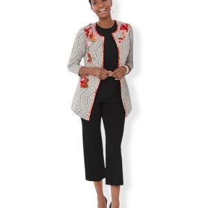 Chico's Artisan Applique Floral Embroidered Herringbone Open Jacket Cardigan